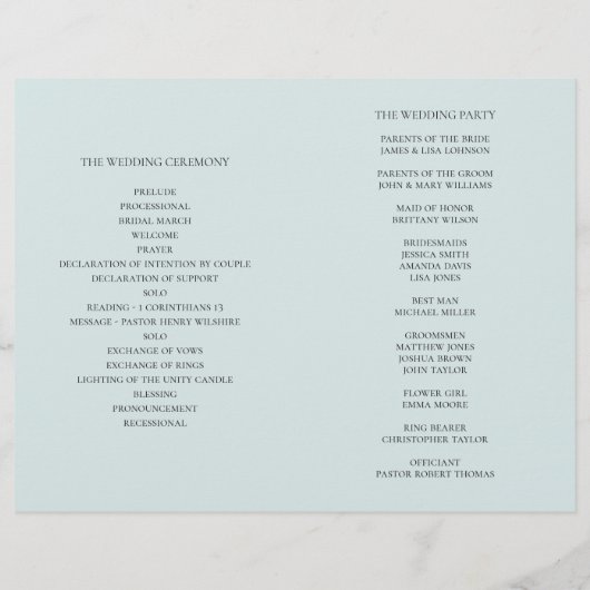 Elegante klassische Hochzeit. Blaues Programm (Rückseite)