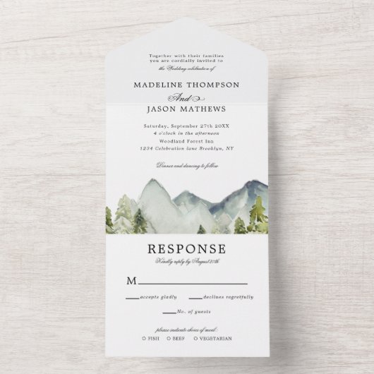 Elegante klassische Hochzeit im Bergwald All In One Einladung (Innen Boden)