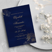 Elegante klassische Hochzeit mit blauen Goldfolien Einladung