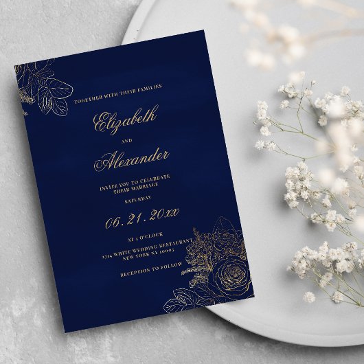Elegante klassische Hochzeit mit blauen Goldfolien Einladung
