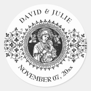 Elegante klassische Jungfrau Mary Jesus Schwarz-we Runder Aufkleber