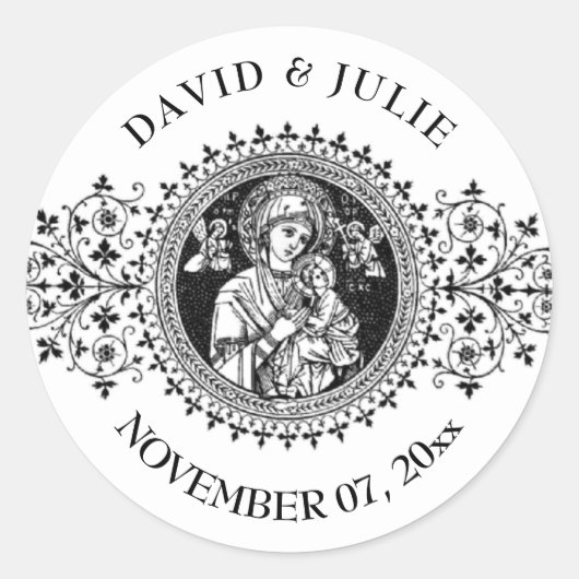 Elegante klassische Jungfrau Mary Jesus Schwarz-we Runder Aufkleber (Vorderseite)