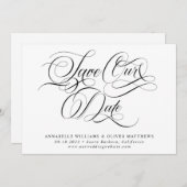 Elegante klassische Kalligrafie Schwarz & Weiß Hoc Save The Date (Vorne/Hinten)