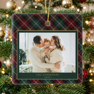 Elegante klassische Karo-Familienfoto-Weihnachten Keramikornament