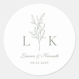 Elegante klassische Leaf Monogram Wedding Sage Gre Runder Aufkleber