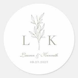 Elegante klassische Leaf Monogram Wedding Sage Gre Runder Aufkleber