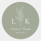 Elegante klassische Leaf Monogram Wedding Sage Gre Runder Aufkleber (Vorderseite)