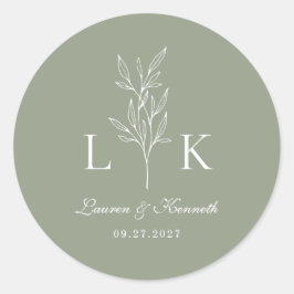 Elegante klassische Leaf Monogram Wedding Sage Gre Runder Aufkleber