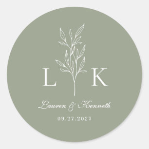Elegante klassische Leaf Monogram Wedding Sage Gre Runder Aufkleber