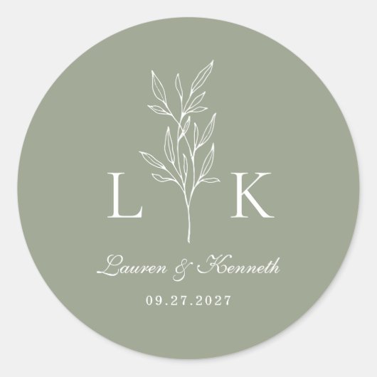 Elegante klassische Leaf Monogram Wedding Sage Gre Runder Aufkleber (Vorderseite)
