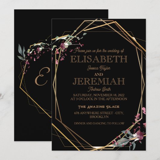 elegante klassische, luxuriöse schwarze Hochzeit Einladung (Vorne/Hinten)