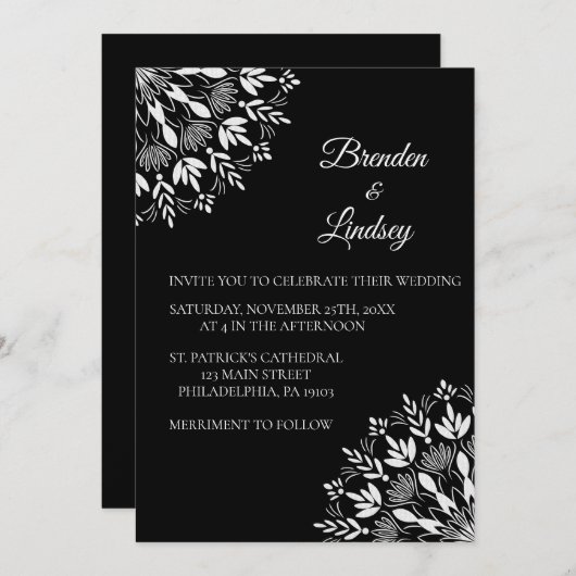 Elegante klassische moderne Schwarz-Weiß-Blumen Einladung (Vorne/Hinten)