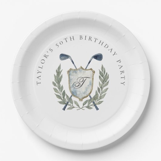 Elegante klassische Monogramm-Golf-Wappen-Geburtst Pappteller (Vorderseite)