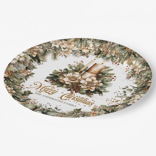 Elegante klassische pastellgrüne goldene Weihnacht Pappteller (Schrägansicht)