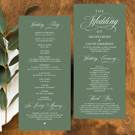 Elegante Klassische Salbeigrüne Schrift Hochzeit Programm