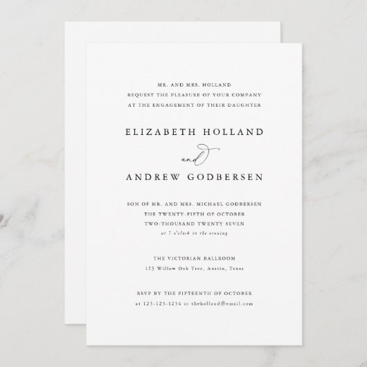 Elegante klassische Schwarz-Weiß-Engagement-Partei Einladung (Vorne/Hinten)