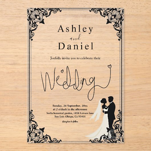 Elegante klassische Schwarz-Weiß-Hochzeit Acryleinladungen (Vorderseite)