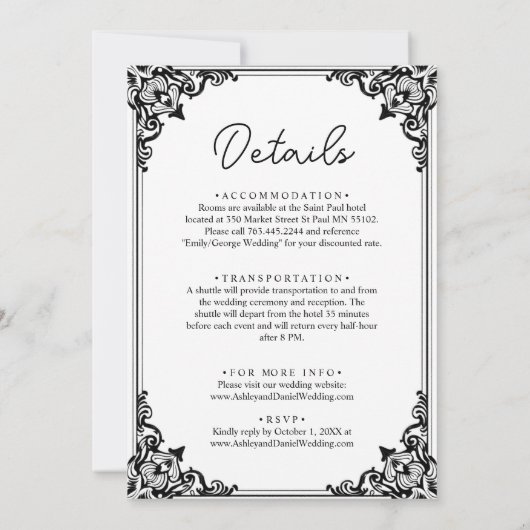 Elegante klassische Schwarz-Weiß-Hochzeit Einladung (Rückseite)