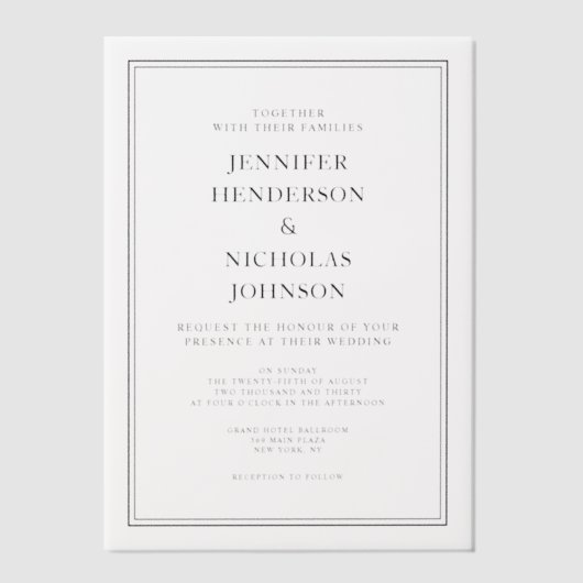 Elegante klassische Schwarz-Weiß-Hochzeit Pergament Einladungen (Vorderseite)