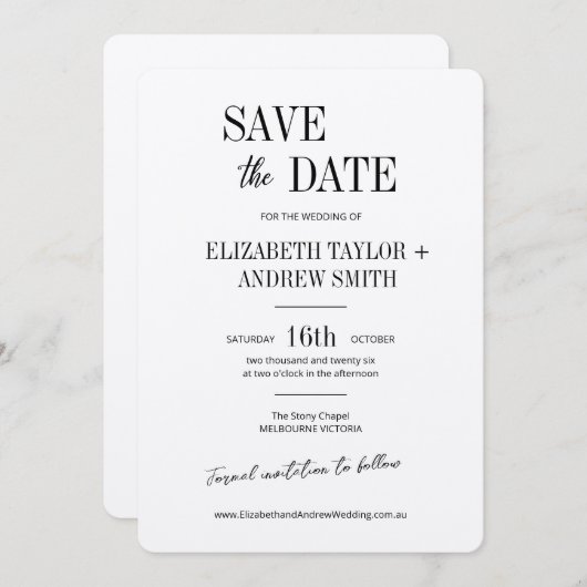 Elegante klassische Schwarz-Weiß-Hochzeit speicher Save The Date (Vorne/Hinten)