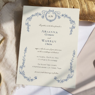 Elegante klassische Vintage-Blau-Monogramm-Hochzei Einladung