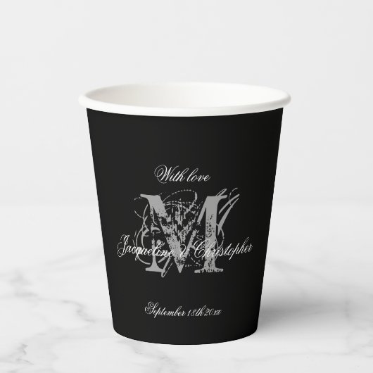 Elegante klassische Wedding Monogram Names Chic Bl Pappbecher (Vorderseite)