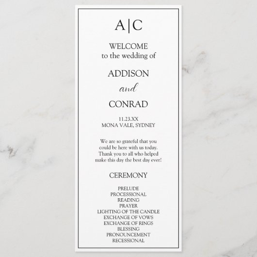 Elegante klassische White Monogram Wedding Programm (Vorderseite)
