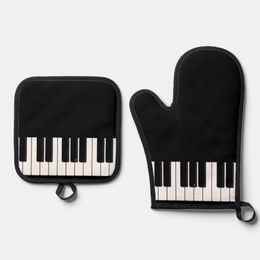 Elegante Klaviertastatur, Piano-Player Ofenhandschuh & Topflappen-Set (Vorderseite)