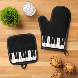 Elegante Klaviertastatur, Piano-Player Ofenhandschuh & Topflappen-Set