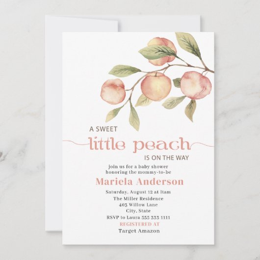 Elegante Kleine Peach Wassercolor Babydusche Einladung (Vorderseite)