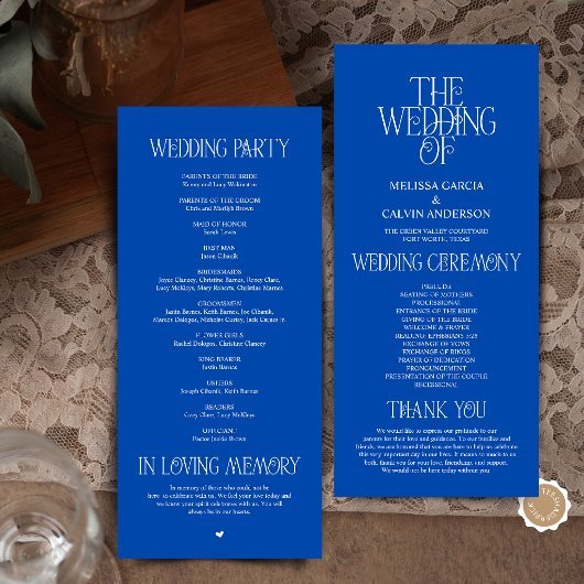Elegante kobaltblaue typografische Hochzeitsprogra Programm