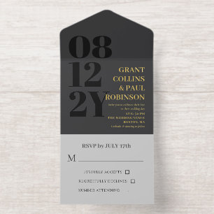 Elegante Kohle- und Gold-Typografie-Hochzeit All-in-One-Einladung