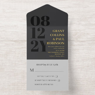 Elegante Kohle- und Gold-Typografie-Hochzeit All-in-One-Einladung