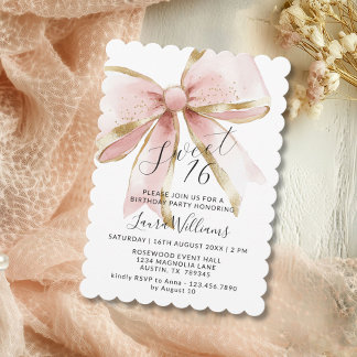 Elegante Kokette Rosa & Goldene Schleife Sweet 16 Einladung