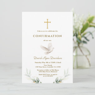 Elegante Konfirmations-Goldkreuz-Taube-Sage-Grün Einladung