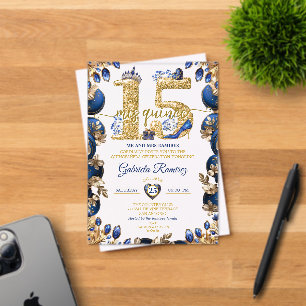 Elegante königliche blaue goldene Tiara Mis Quince Acryleinladungen