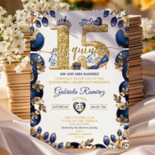 Elegante königliche blaue goldene Tiara Mis Quince Einladung