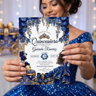 Elegante königliche blaue goldene Tiara Quinceañer Einladung