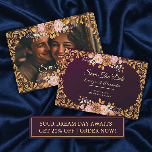 Elegante königliche Blumen-„Save-the-Date“-Vorlage Save The Date