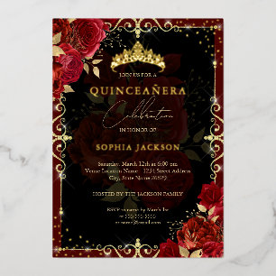 Elegante königliche rote funkelnde goldene Rose Qu Folieneinladung