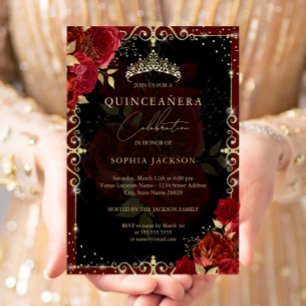 Elegante königliche rote Goldrose Quinceanera Folieneinladung