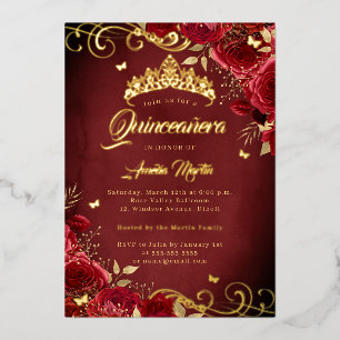 Elegante königliche rote Rosen-Gold-Swirlen-Quince Folieneinladung