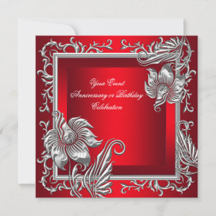 Elegante königliche rote silberne Blumenparty Einladung