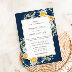 Elegante königliche staubige Navy-Blau-Gelbe Blume Einladung