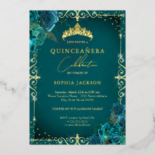 Elegante königliche Teal-Rose Quinceanera Folieneinladung