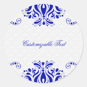 Elegante königsblaue Blumen-Spitze 2 & weiße Damas Runder Aufkleber