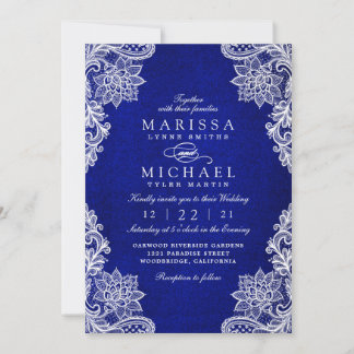 Elegante königsblaue Blumen-Spitzen-Hochzeitseinla Feiertagskarte