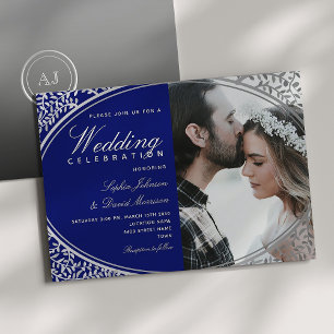 Elegante königsblaue Foto-Hochzeit Einladung