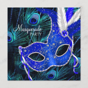 Elegante königsblaue Pfauen-Maskenparty Einladung