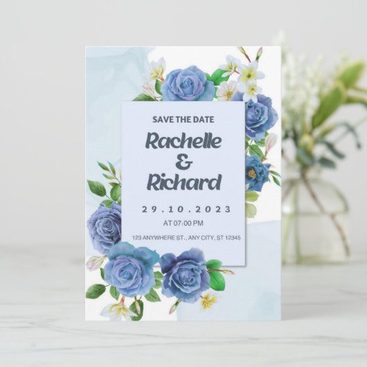 Elegante königsblaue Rose Einladungskarte für Hoch Einladung (Stehend Vorderseite)